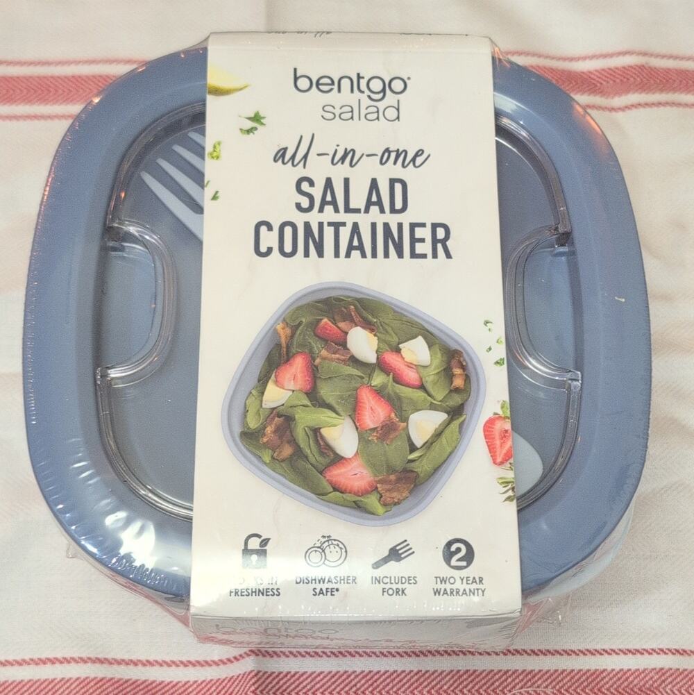 Bentgo Salad Container 4 Cup Blue Square Plastic Snap Lid Fork BPA-Free Safe